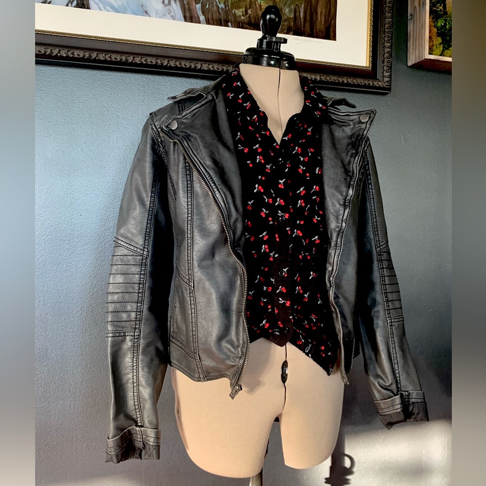 Awesome dark grey wash faux leather moto jacket!